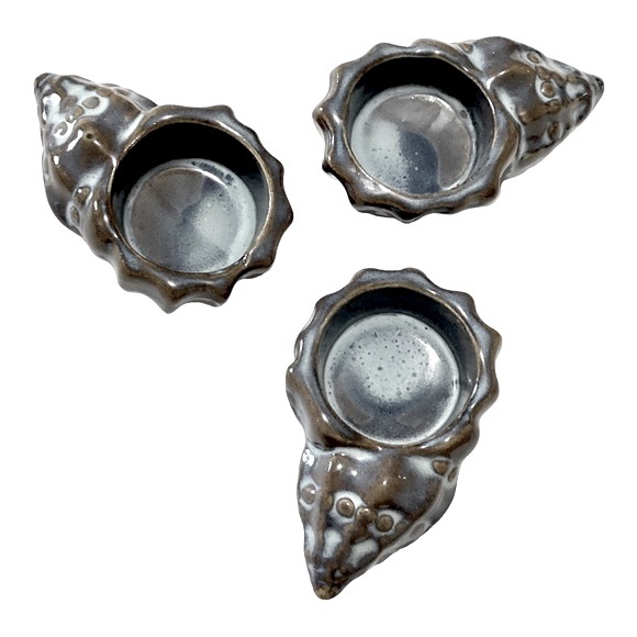 Glazed Ceramic Conch Seashell Tea Light Candle Holder Trio Tan And Dusty Blue - Picture 3 of 11